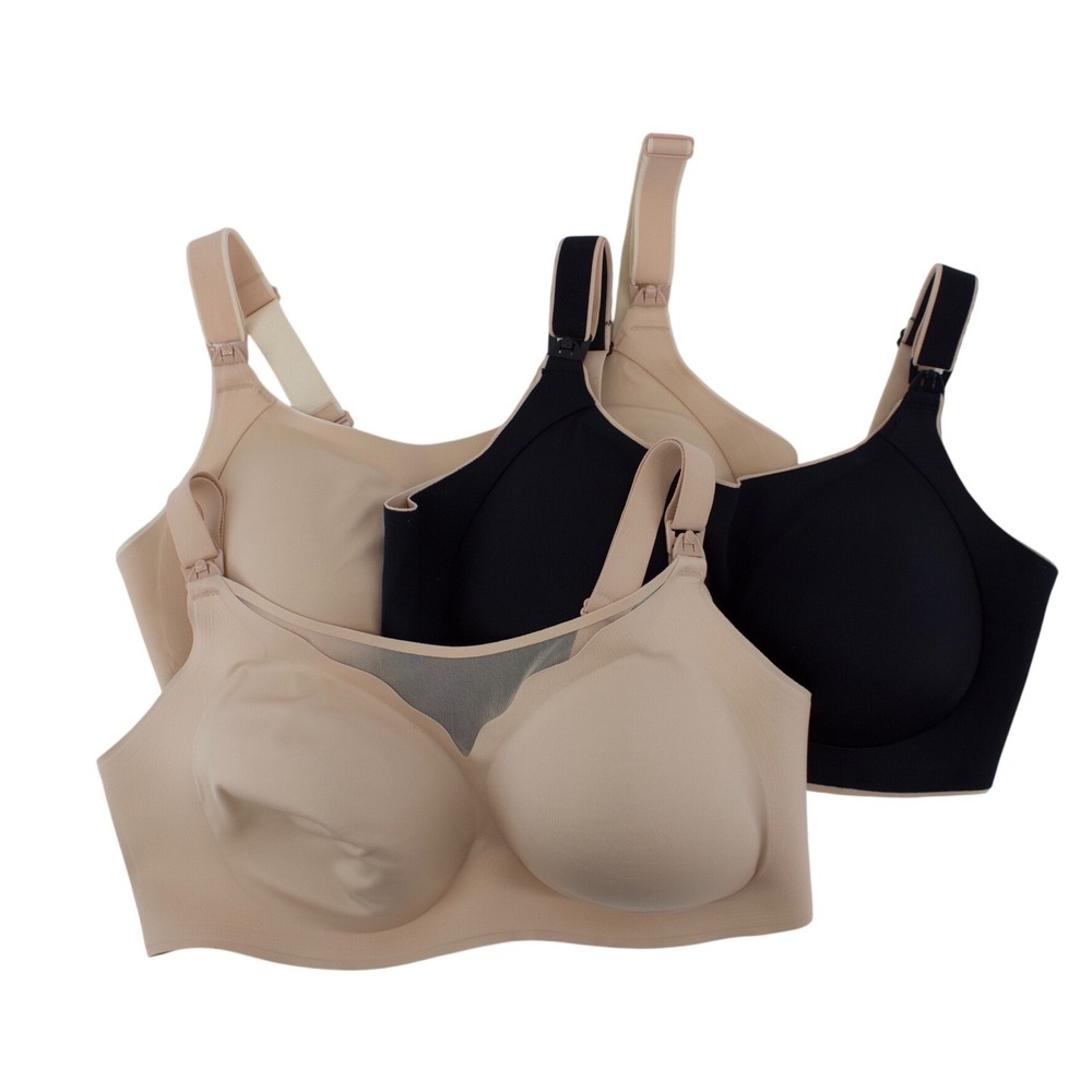 Momcozy Nursing Bra XL Plus Black Beige Seamless Wireless Set of 3 Comfort
